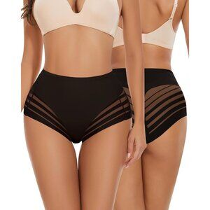 Women's Black 2 Pack Stripe Lace Seamless Tummy Control Underwear Control Pantie